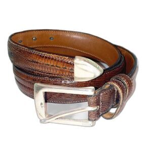 Vintage Trafalgar Brown Lizard Embossed Leather Silver Buckle Belt & Tip Sz 42